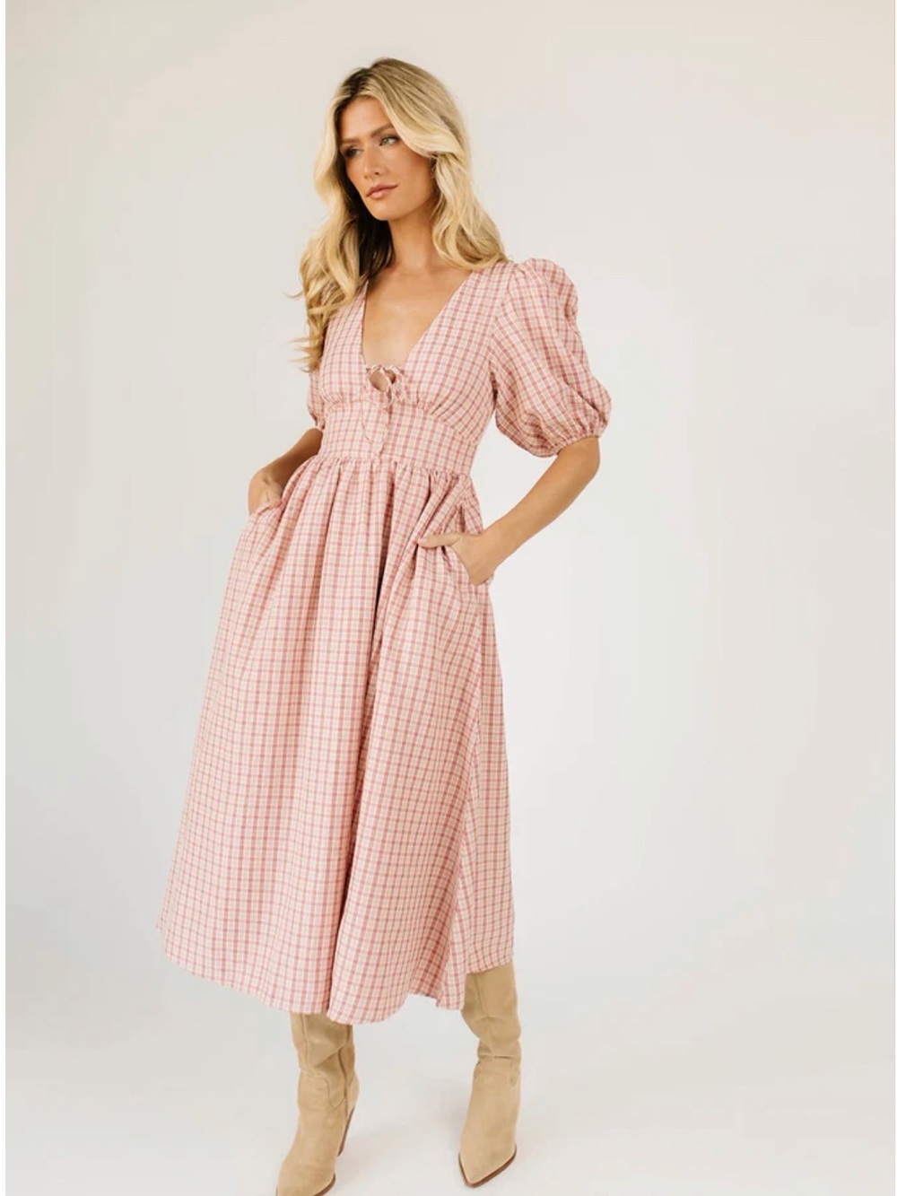 Pink Gingham Midi Dress with Puff Sleeves
